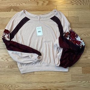 NWT Free People pink waffle top with floral and burgundy sleeves - size Small